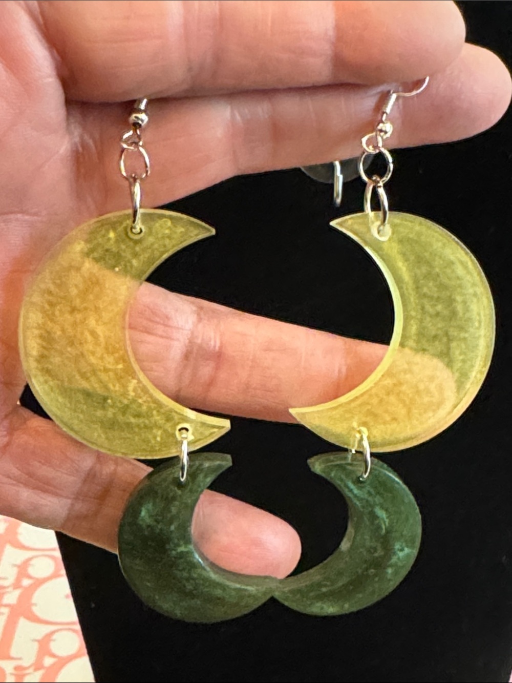 Handmade Yellow and Green Crescent Moon Dangle Earrings